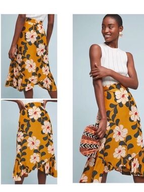 Eva Franco Mustard Floral Asymmetrical Midi Skirt